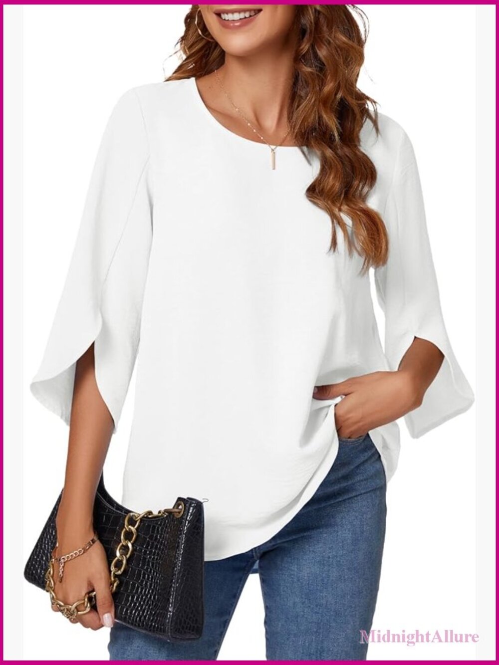 3/4 Sleeve Tunic Blouse Dressy Casual Work Shirt Bell Sleeve Pleated Back